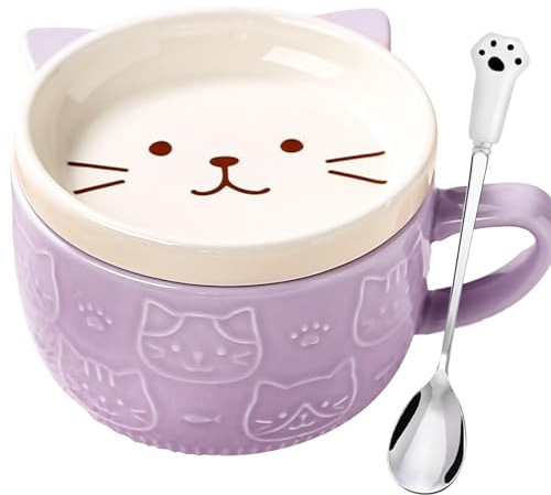 BigNoseDeer Gifts for Women Her Cute Kawaii Purple Cat Coffee Mugs with Lids Spoon,Novelty Animal Coffee Ceramic Cup Dessert Saucer Set,Christmas Japanese Birthday Gifts for Girls Friend Kid