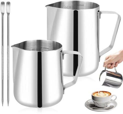 Jarra Leche Barista, 600 ml y 350 ml Lechera Acero Inoxidable, Plata Jarra Espumadora Leche, con Marca de Medición, Jarra de Leche, Jarra Barista, Jarra Acero Inoxidable para Capuchino