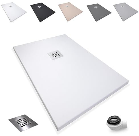 Plato de Ducha Antideslizante 90x90cm - Resina Resistente a Agentes Químicos - Antibacteriano - Incluye Rejilla Desagüe Ducha y Válvula Sifón Plato Ducha - Color Blanco
