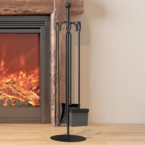 Kingson Set di 5 accessori per caminetto con pala, attizzatoio, spazzola, pinze e supporto per bruciatori a legna, 18 x 68 cm, colore: nero
