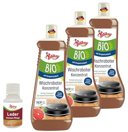 POLIBOY BIO Wischroboter Konzentrat - Bodenreiniger für Wischroboter & Saugroboter mit Wischfunktion - Schaumarmes Reinigungsmittel für versiegelte Böden - 3x 1L - inkl. Produktprobe - Made in Germany