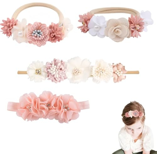 Diademas de nailon para bebé niña 4 unidades, cinta elástica suave con lazo y encaje, accesorios de cabeza para recién nacidas de 0 a 3 años para fiestas y fotos