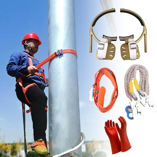 Pole Climbing Spikes Adjustable Metal Pole Electrician Climbing Foot Buckle, Non-slip Tree Spikes With Safety Belt Strap Rope/ 15kv Insulated Gloves, Concrete Rod Set(300 model)