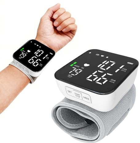 Nzkeuf Tensiometro de Muñeca con Pantalla LCD, Tensiometro Muñeca con Aviso de Voz, Monitorización de Frecuencia Cardíaca, Carga USB Portátil, Brazalete Ajustable, Para el Hogar o de Viaje