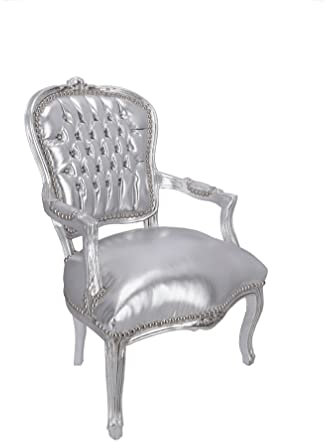 Way Home Store - Poltrona 100% BAROCCO Luis stile Francese Luigi XVI - legno con foglia Silver ed Ecopelle argento + gemme - Dimensione: 63 x 65 x 94 cm
