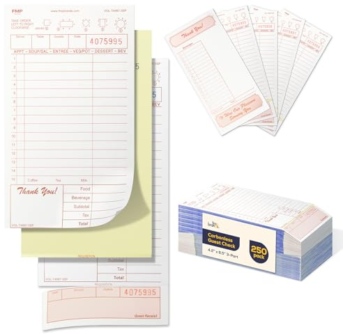 FMP Brands 3 Part Carbonless Guest Checks Pads, Perforated Server Note Pads Paper Total 250 sheets for Waitress Book, Waiter Food Receipt, and Business Checkbook with Guest Receipt