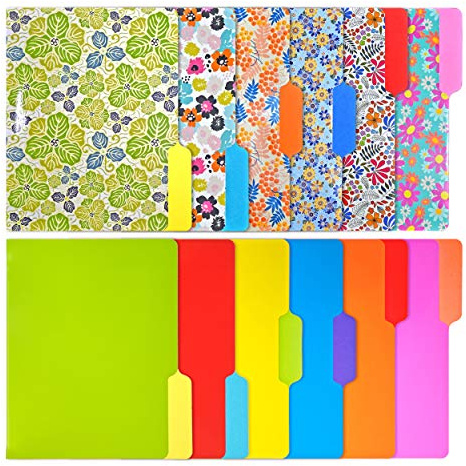 WOT I Decorative File Folders 12Packs, Colored File folders with 6 Cute Floral Design and 6 Solid Vibrant Colors, Two-Tone File Folders Letter Size, 1/3-Cut Tabs, 300gsm