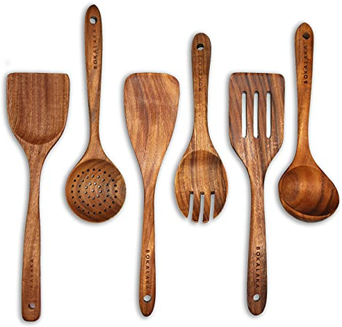Ensemble d'ustensiles de cuisine gris, 6 ustensiles de cuisine pour poêle antiadhésive, cuillères en bois, spatule en bois de teck 100% naturel