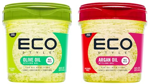 Eco Style Ensemble de gel coiffant 1 huile d'olive 473 ml, 1 huile d'argan 473 ml, hydratant et coiffant (1 pièce)