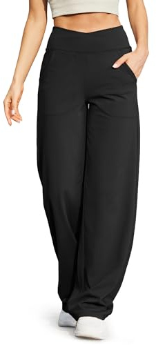 G4Free Yoga Pants for Women Wide Leg Joggers Trousers Crossover High Waist Loose Stretch Work Dress Casual Lounge Pants with Pockets(Petite,Black,S)