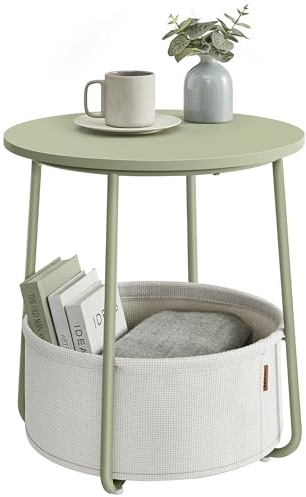 VASAGLE Side Table, Round End Table with Fabric Basket, Spacious, for Living Room Bedroom, Bedside Table, Modern Style, Laurel Green and Cream White LET223C69