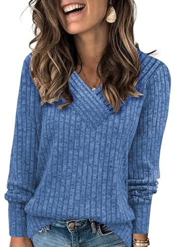 Famulily Women's Long Sleeve Tops Lightweight Soft Casual Ladies V Neck Jumpers Loose Fit