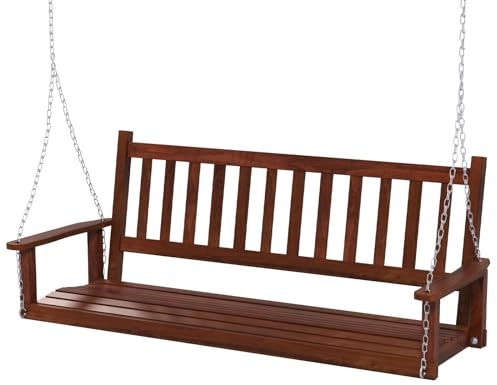 COSTWAY Banco Columpio de 2-3 Plazas, Banco Colgante de Jardín, Madera de Álamo, Cadenas Ajustables de 170cm, Respaldo de Listones (168 x 65 x 63 cm, Marrón)