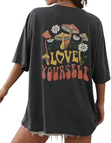 AVOZAL Oversized Tshirt Damen Sommer Locker Kurzarm Rundhals Oberteile Frauen Lässig T-Shirts Rücken Pilz Graphic Tee Casual Muster Lang Top(S,Dunkelgrau)