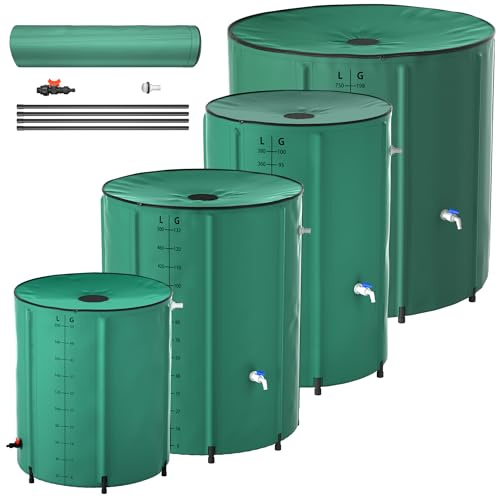 PEILU 200 l vikbar regntunna 50 gallon vattenuppsamlingsbehållare med kran, skala och dränage bärbar regnvattentunna med stödstång grön vattentank för att samla regnvatten trädgård regntank