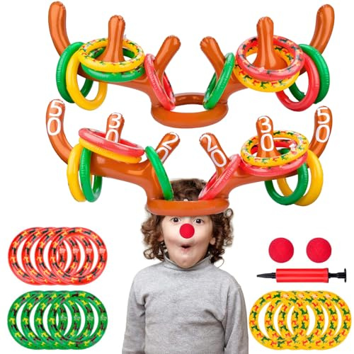 Juegos navideños, Juego de Lanzamiento de Aros con Cuernos de Reno inflables, 2 Unidades, Juegos navideños para niños y Adultos, Regalos para Fiestas Familiares y Fiestas navideñas