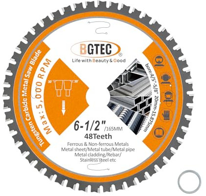 Hoja De Sierra Circular TCT Dics De Corte De Metal 165MM Con 20MM Arbor, 48T Con Punta De Carburo De Tungsteno Hoja De Sierra Circular para Metal Hierro Acero Inoxidable BGTEC