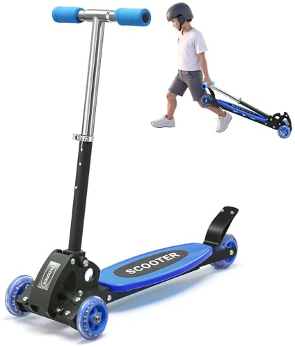 3 Wheel Scooters for Kids 2-5 5-7 Years, 4 Adjustable Heights Foldable Metal Toddler Scooter for Boys Girls Up to 120 lbs, Lean-to-Steer, Dual Rear Brake Widen Anti-Slip Deck (Blue)