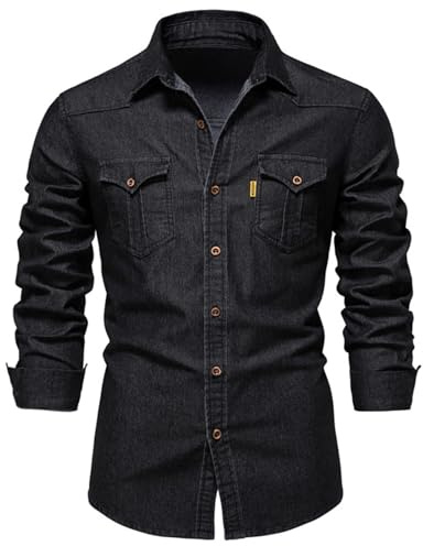 Generico Camicia a Jeans da Uomo, Camicia Denim Jeans Uomo, Camicia in Denim a Maniche Lunghe Regular Fit Uomo Slim Camicie da Uomo Nera Casual Camicia No Stiro Uomo Giacca Jeans Uomo