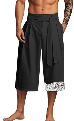 FASLOLSDP Kurze Taro-Hose aus Leinen, Traditionelle Japanischer Stil Kleidung Japanische Herrenhose, mit Kordelzug Leinenhose 3/4 Lange Samurai Kostüme Locker Yogahose Strandhose
