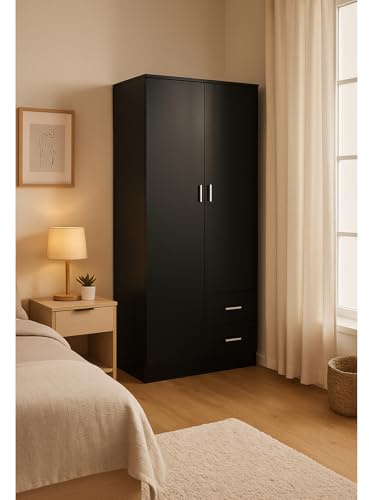 Panana Modern Bedroom Wardrobe Clothes Storage Closet with 2 Doors 2 Drawers, Hanging Rod and Storage Shelves, 77x50x180cm (Black)