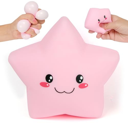 Star Stress Balls for Kids and Adults, Smile Star Squishy Toys, Cute Star Sensory Fidget Toys, Dough Squeeze Ball for Anxiety Relief, Squishies Star Toys for Party Favors Classroom Prizes (Pink)