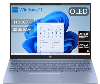 HP OmniBook 5 16″ OLED, Ordenador portátil (Procesador AMD Ryzen AI 5 330, 32GB RAM, 1TB SSD, Gráficos AMD Radeon 820M, Windows 11 Home) Azul - Teclado QWERTY Español