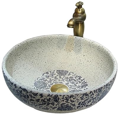 lyxamjrzyp Vasque Salle de Bain Ronde en Céramique, Lavabo à Poser sur Comptoir, Petit Évier Lave Main pour Meuble, Balcon et Salle d’Eau(Large)