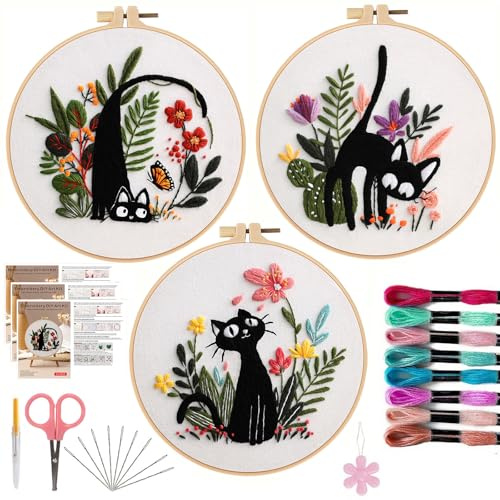 Offizon 3 PCS Embroidery Kit for Beginners - Cross Stitch DIY Craft Set, Cat Embroidery Accessories & Hoop Included, Hand Embroidery Kit for Adults Stitching Sewing Kit Gift | Cat