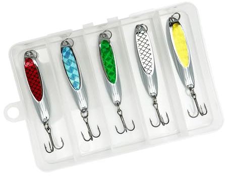 YIZITU Señuelos De Pesca con Lentejuelas Cebos Metal Señuelo Jigging Plantillas Peces Duros Cucharas Juego Anzuelo Triple Cebos Multicolor 5 Unids/Paquete