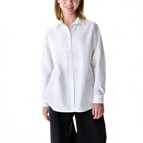 LXEASYGO Girls School Shirt Long Sleeve Blouse Regular Fit Easy Iron White and Blue School Uniform Tops for Children 5-16 Years (UK, Age, 11 Years, 12 Years, Regular, White)