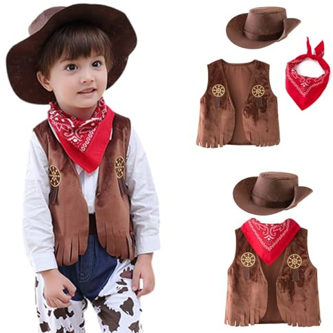 PINTUTU Vestito Costume Set da Cowboy con Bandana Rossa, Gilet E Cappello per Bambino, Marrone Costume da Cowboy per Bambini Gilet Casual con Nappe Tinta Unita per Bambini Cappello Foulard