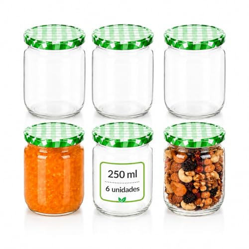 MundoTarros 6 Tarros de Cristal de 250 ml con Tapa de Rosca Hermética de Metal + Ebook de 102 Recetas - Tarros para potitos, Conservas, Postres, Mermelada, yogur, salsas - Incluye Etiquetas