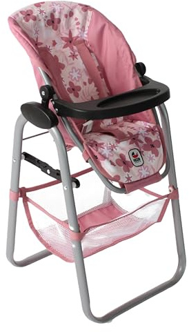 Bayer Chic 2000® Chaise Haute pour poupée - Flowers Rose - Réglable & Pliable - Porte-Dos & Filet à Bagages - Poupées jusqu'à 50 cm - Accessoires Poupée 3-8 J