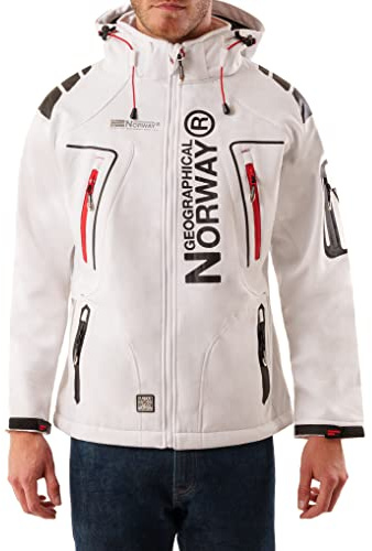 Geographical Norway Techno Men - Giacca Cappuccio Softshell Impermeabile Uomo - Giacca Vento Tattica Da Esterno - Escursionismo Sci Autunno Inverno Primavera (bianco rosso L)