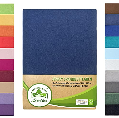 Boxspringbett & Wasserbett Spannbettlaken von leevitex® | Spannbetttuch | ÖKO-TEX | 180x200 – 200x220 cm | 100% Jersey-Baumwolle | 150 g/m² | 40 cm Steg | Navyblau/Marineblau