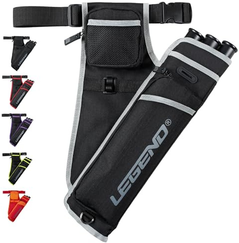 LEGEND First Archery Quiver Case for Arrows - Right Handed Target Shooting Hip Quivers with Adjustable Belt & 3 Arrow Tubes - Durable T-Slot & Storage Pockets for Accessories & Score Card - Black/Grey