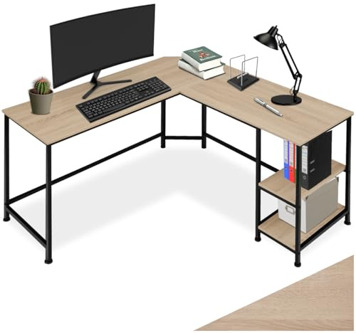 tectake® Schreibtisch L Form, Eckschreibtisch mit Monitoraufsatz, Industrial Schreibtisch, Gaming Tisch, Computertisch, für Home Office, Büro - 138x138x75,5cm - Industrial Holz hell, Eiche Sonoma