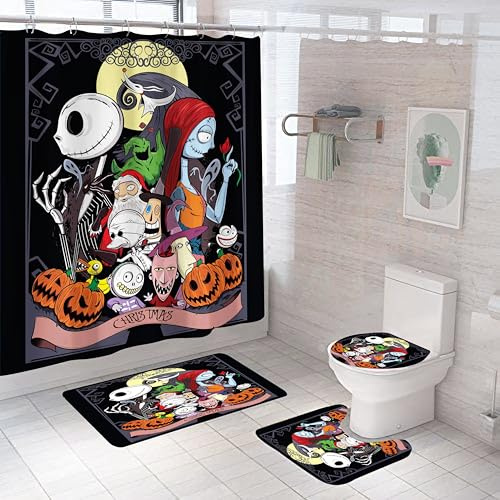 DDS-DUDES 4Pcs Christmas Shower Curtain Sets Kids Bathroom Halloween Christmas Decor with 12 Curtain Hooks for Bathroom, Waterproof 71 x 71 inch D00047