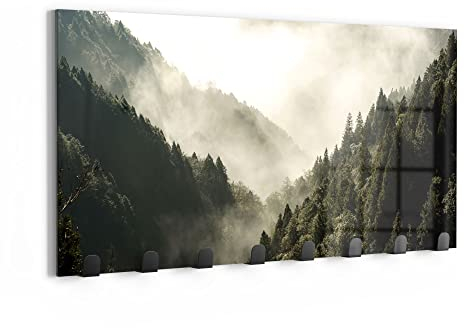 DEQORI Wandgarderobe Glas & Metall | Motiv Nebel in den Bergen | 60x30 cm | Design Haken-Leiste modern | Garderoben-Paneel für Flur, Wohnzimmer & Schlafzimmer | magnetisch & beschreibbar