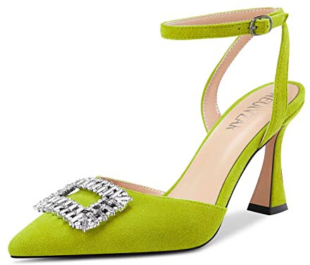HEUIVZAR Mujer Alto High Chunky Ancho Heel Puntiaguada Punta Sandalias Correa Tobillo Diamante Cristal Cierre con Hebilla de Boda Dress Zapatos Verde Lima 37 EU