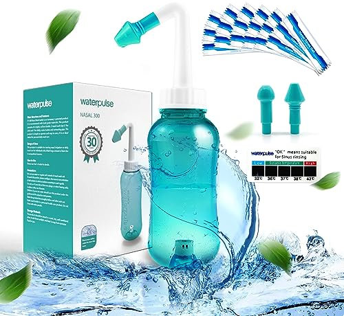 Bottiglia per lavaggio nasale 300 ml con 30 pacchetti di sale, per risciacquo sinusale di irrigazione nasale e termometro adesivo per adulti e bambini, senza BPA,Verde