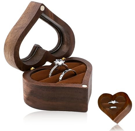 Fychuo Heart Shaped Wooden Double Ring Box with Magnetic Engagement Ring Box for Valentine's Day, Wedding, Engagement, Birthday, Anniversary