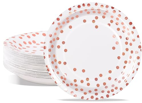 AIPartywar Party Paper Plates, 50-Pack Disposable White and Rose Gold Plates, Foil Polka Dots, 7-Inch Dinner Plates for Graduation Wedding Birthday Party