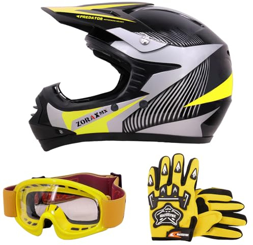 Zorax ZOR-X19 Youth Motocross Helmet & Gloves & Goggles | Yellow M (51-52cm) - Gloves M(6cm) Junior Dirt Bike Off Road Motorcycle Crash Helmet ECE 2206