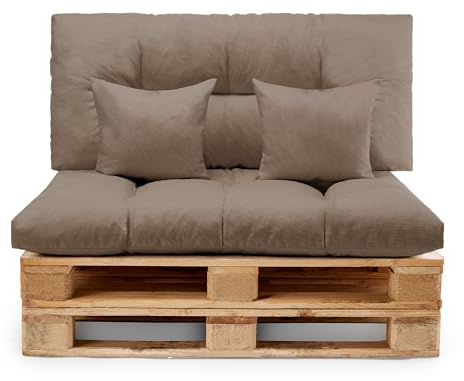 DIVERPUFFS Cojines para Palets Marron 120x80 con Respaldo 120x60 y 2 Decorativos 35x35 Loneta Set Completo para Interior Y Exterior Terraza Cubierta Balcón Cubierto Chill out Cómodos Hechos en España