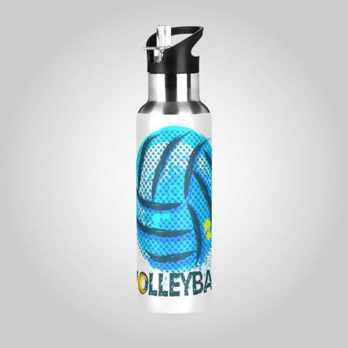 Yopersonalizes Bouteille d'eau isotherme avec paille - 600 ml - Aquarelle - Volley-ball - En acier inoxydable - Anti-fuite - Pour voyage, salle de sport