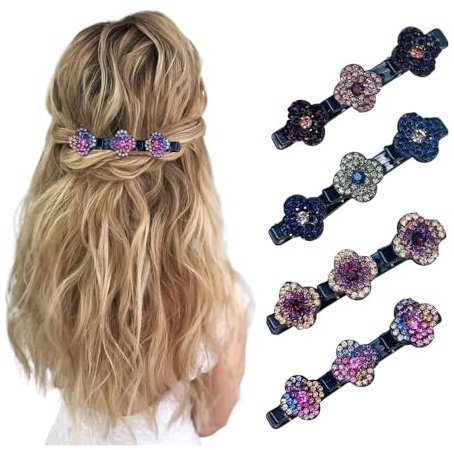 4 Doppelschicht Haarspangen mit Funkelnden Kristallsteinen und Glitzernder Geflochtener Strass-Dekorativ Haarreifen für Frauen und Mädchen (4PC)