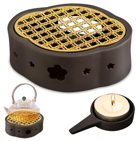 BORDEAG Stövchen Keramik Teekanne Wärmer, Teekannenwärmer Mit Tablett Und Kerzenhalter, Teewärmer Kaffeewärmer, Geschnitztes Retro Teekocher Stövchen Zum Erhitzen Von Tee, Kaffee