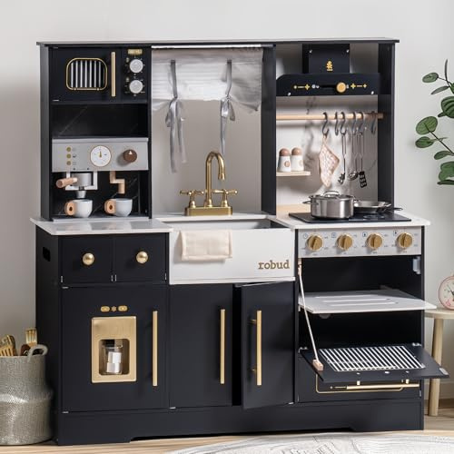 ROBUD Set da cucina per bambini in legno – Cucina moderna e grande in nero con frigorifero, macchina da caffè, gelatiera e altro ancora – per bambini dai 3 anni in su